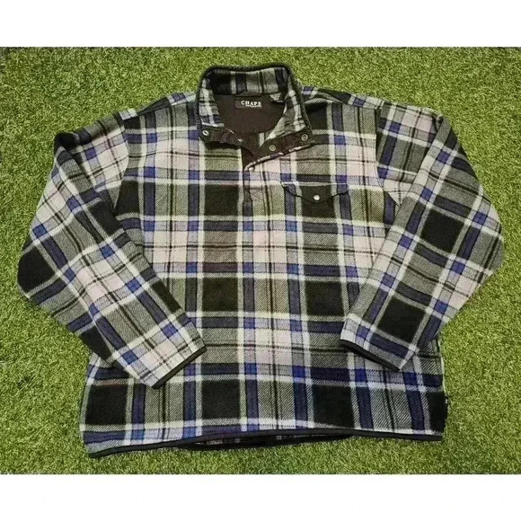 CHAPS Dark Grey Blue Red Plaid Mens XL 1/4 Snap Fleece Pullover Pockets Y2K - Picture 1 of 9